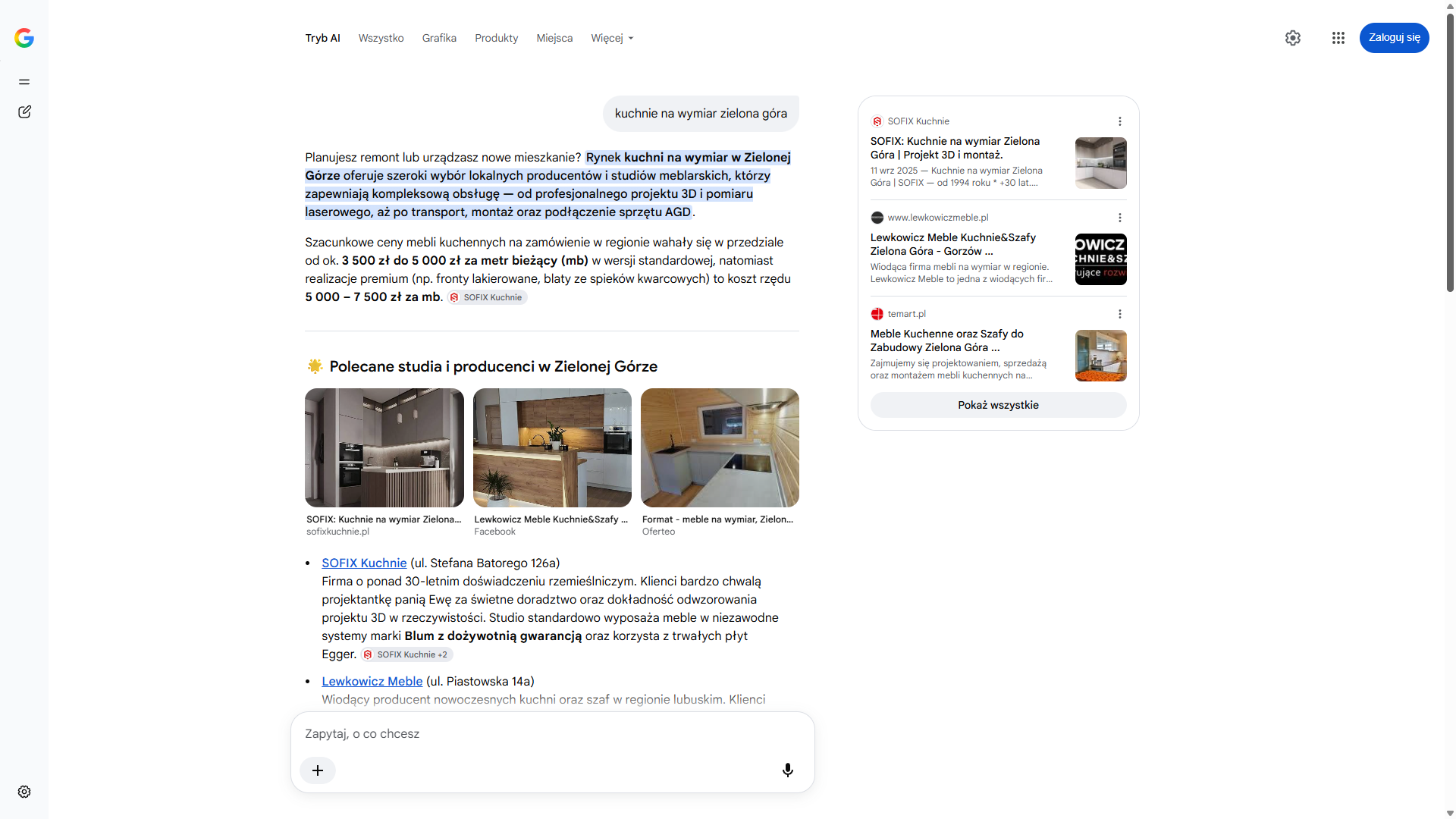 Tryb AI w wyszukiwarce Google na zapytanie „kuchnie na wymiar zielona góra” — Sofix Kuchnie pierwszy w panelu źródeł i pierwszy na liście polecanych studiów