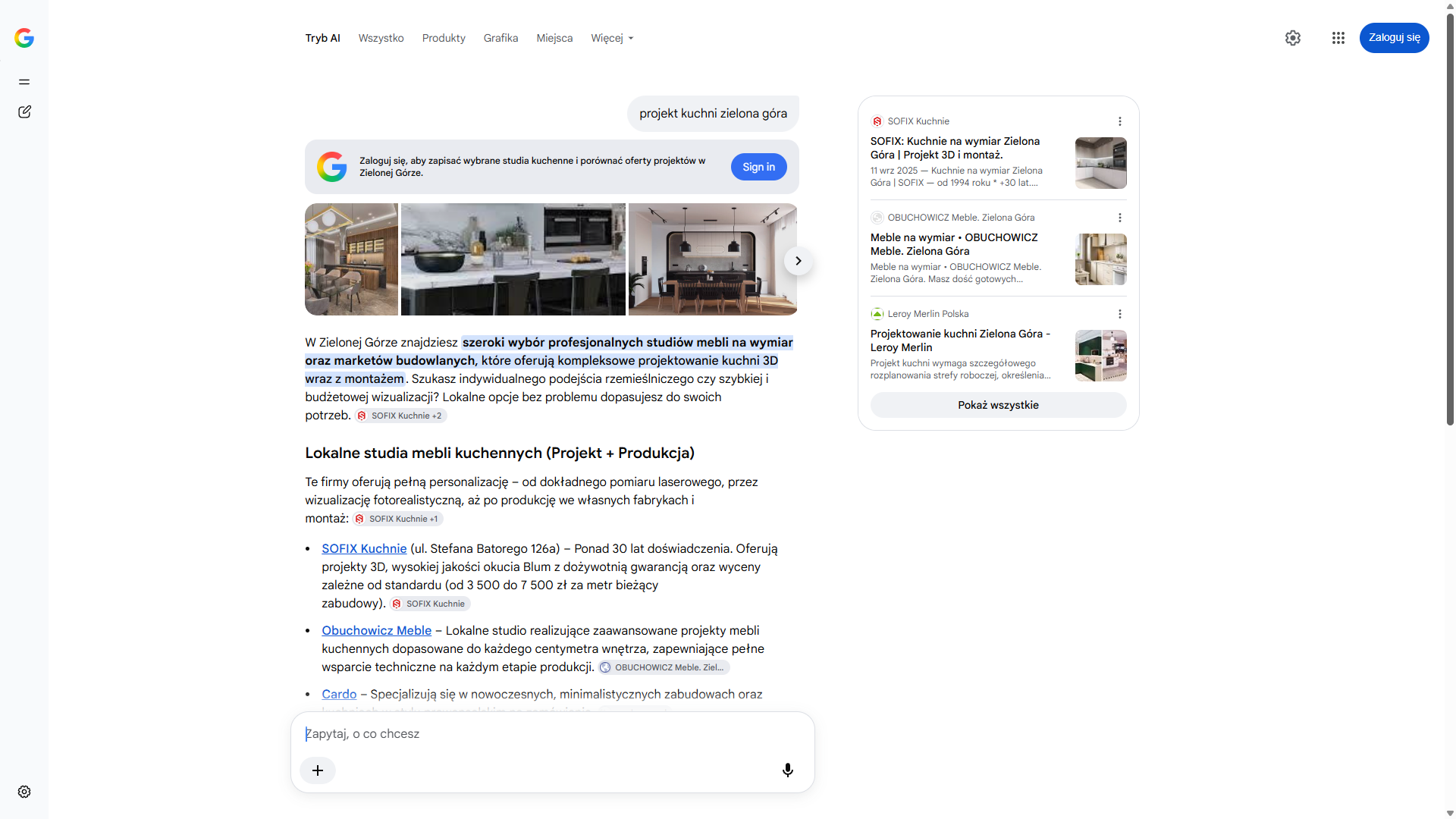 Tryb AI w wyszukiwarce Google na zapytanie „projekt kuchni zielona góra” — Sofix Kuchnie pierwszy w panelu źródeł i pierwszy wśród lokalnych studiów