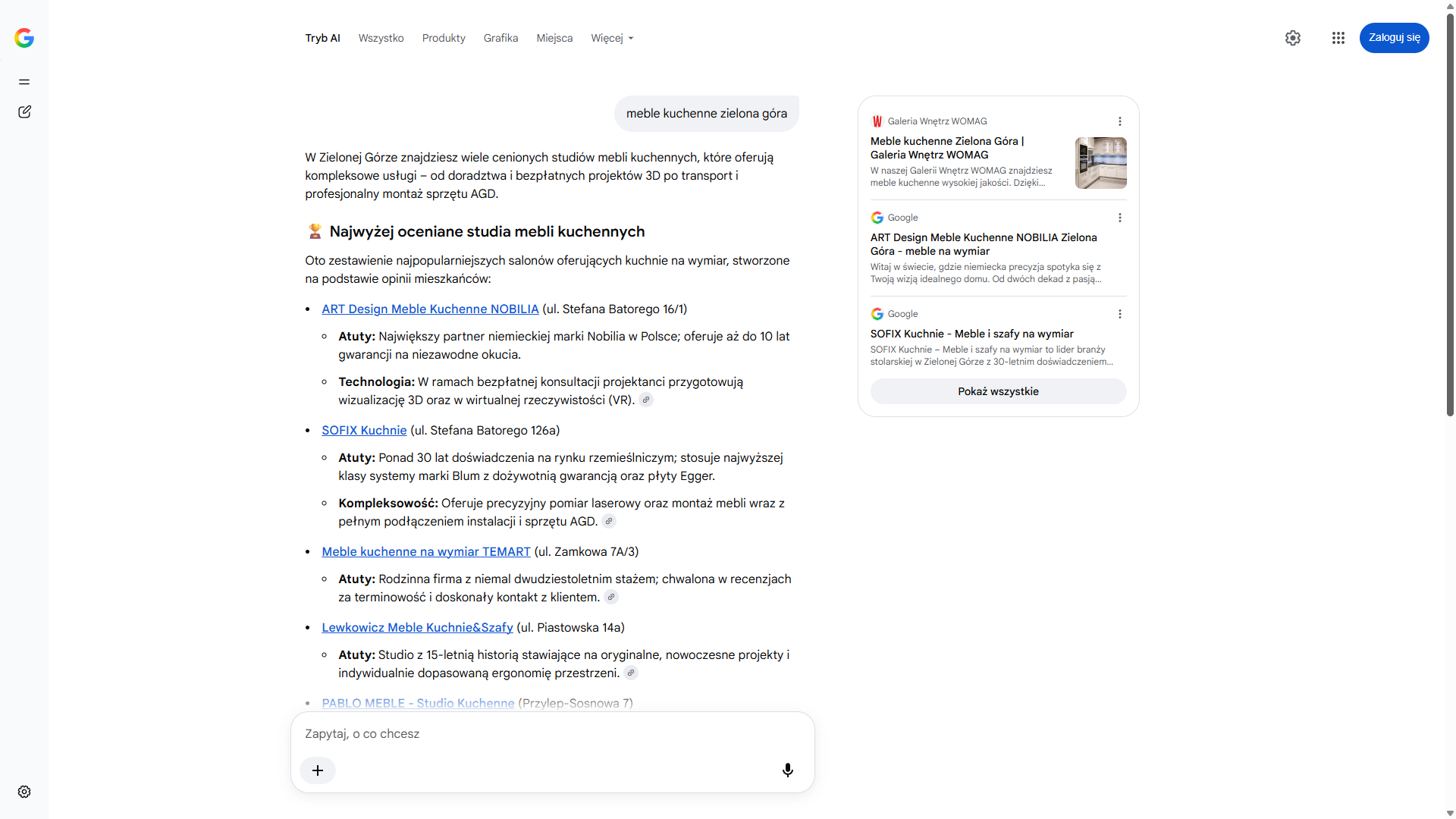 Tryb AI w wyszukiwarce Google na zapytanie „meble kuchenne zielona góra” — Sofix Kuchnie drugi na liście najwyżej ocenianych studiów