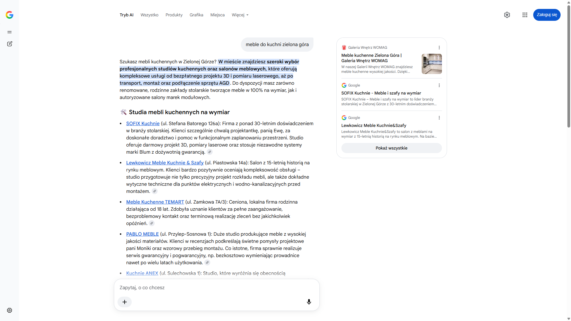 Tryb AI w wyszukiwarce Google na zapytanie „meble do kuchni zielona góra” — Sofix Kuchnie pierwszy na liście studiów mebli na wymiar