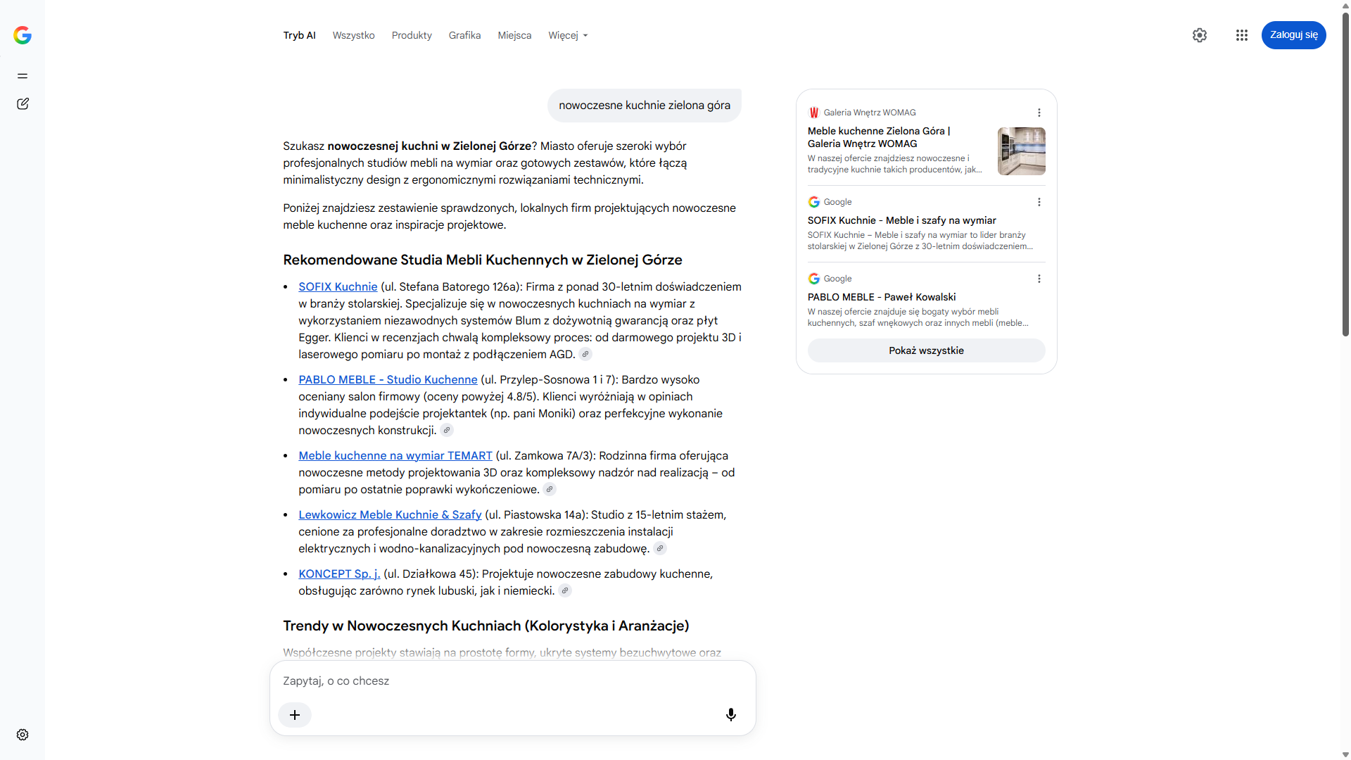 Tryb AI w wyszukiwarce Google na zapytanie „nowoczesne kuchnie zielona góra” — Sofix Kuchnie pierwszy wśród rekomendowanych studiów