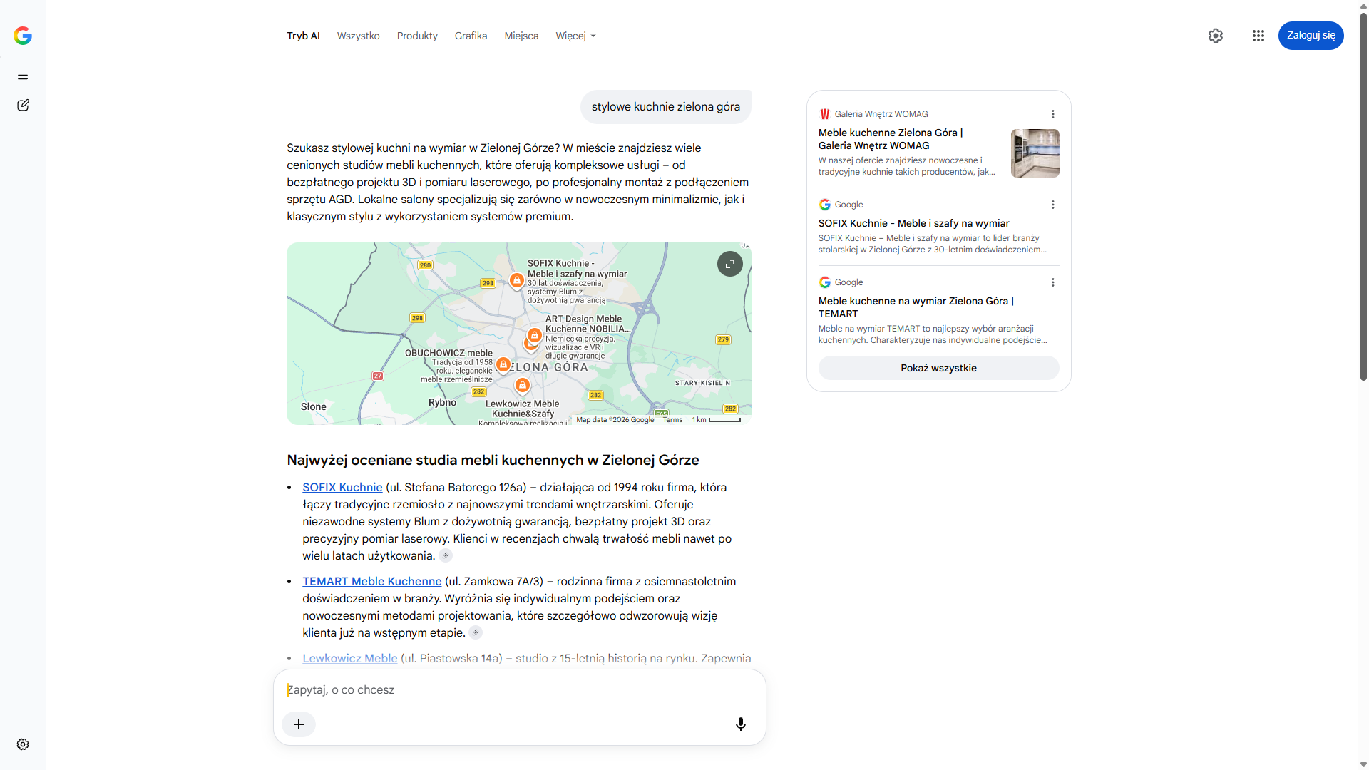 Tryb AI w wyszukiwarce Google na zapytanie „stylowe kuchnie zielona góra” — Sofix Kuchnie pierwszy na liście i pierwsza pinezka na mapie
