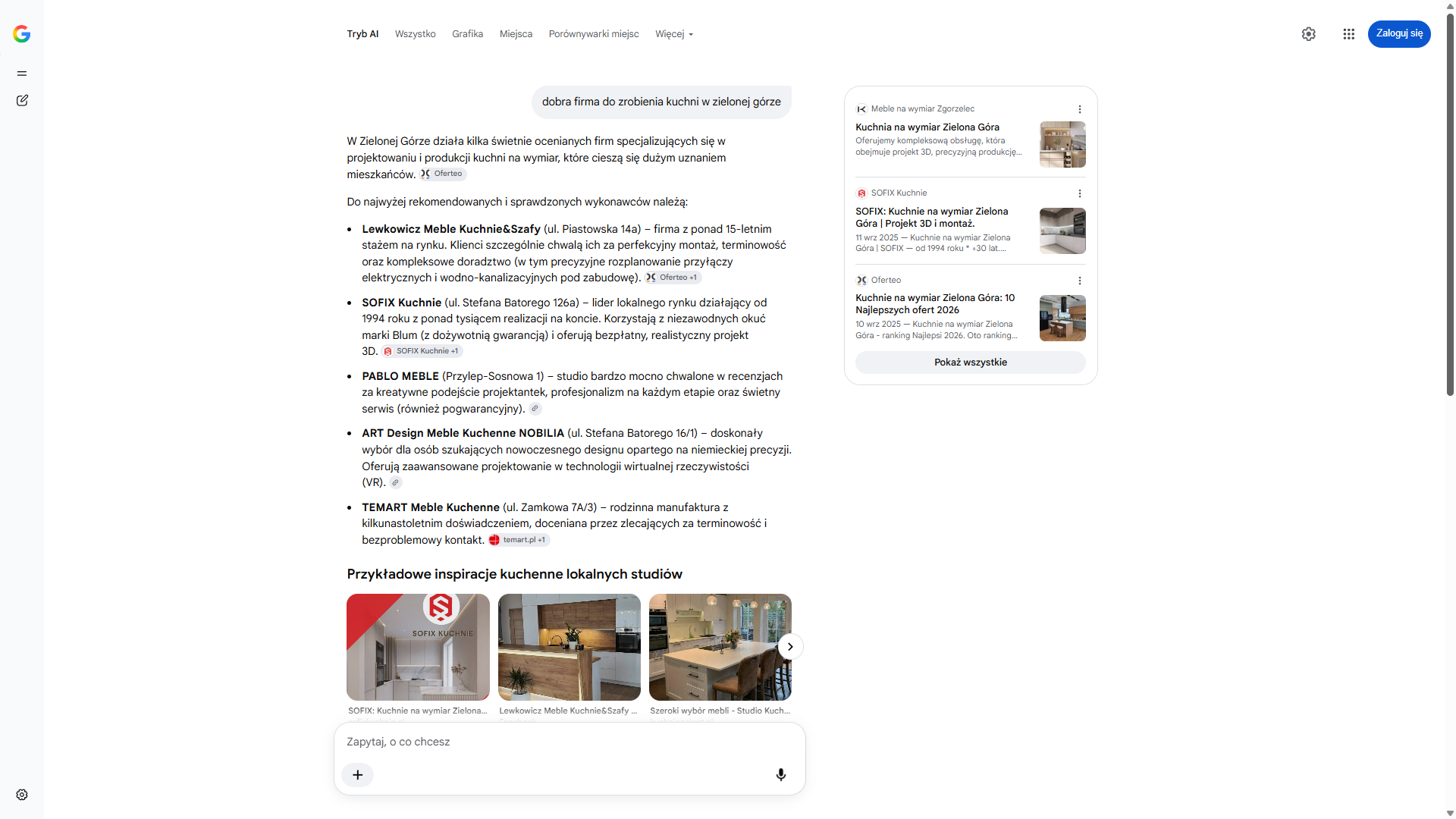 Tryb AI w wyszukiwarce Google na zapytanie „dobra firma do zrobienia kuchni w zielonej górze” — Sofix Kuchnie drugi wśród rekomendowanych wykonawców