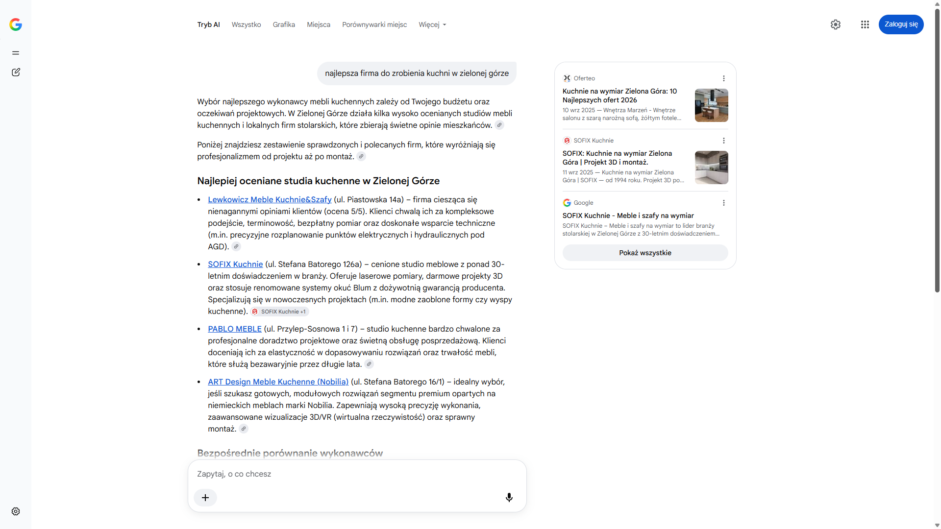 Tryb AI w wyszukiwarce Google na zapytanie „najlepsza firma do zrobienia kuchni w zielonej górze” — Sofix Kuchnie drugi na liście studiów