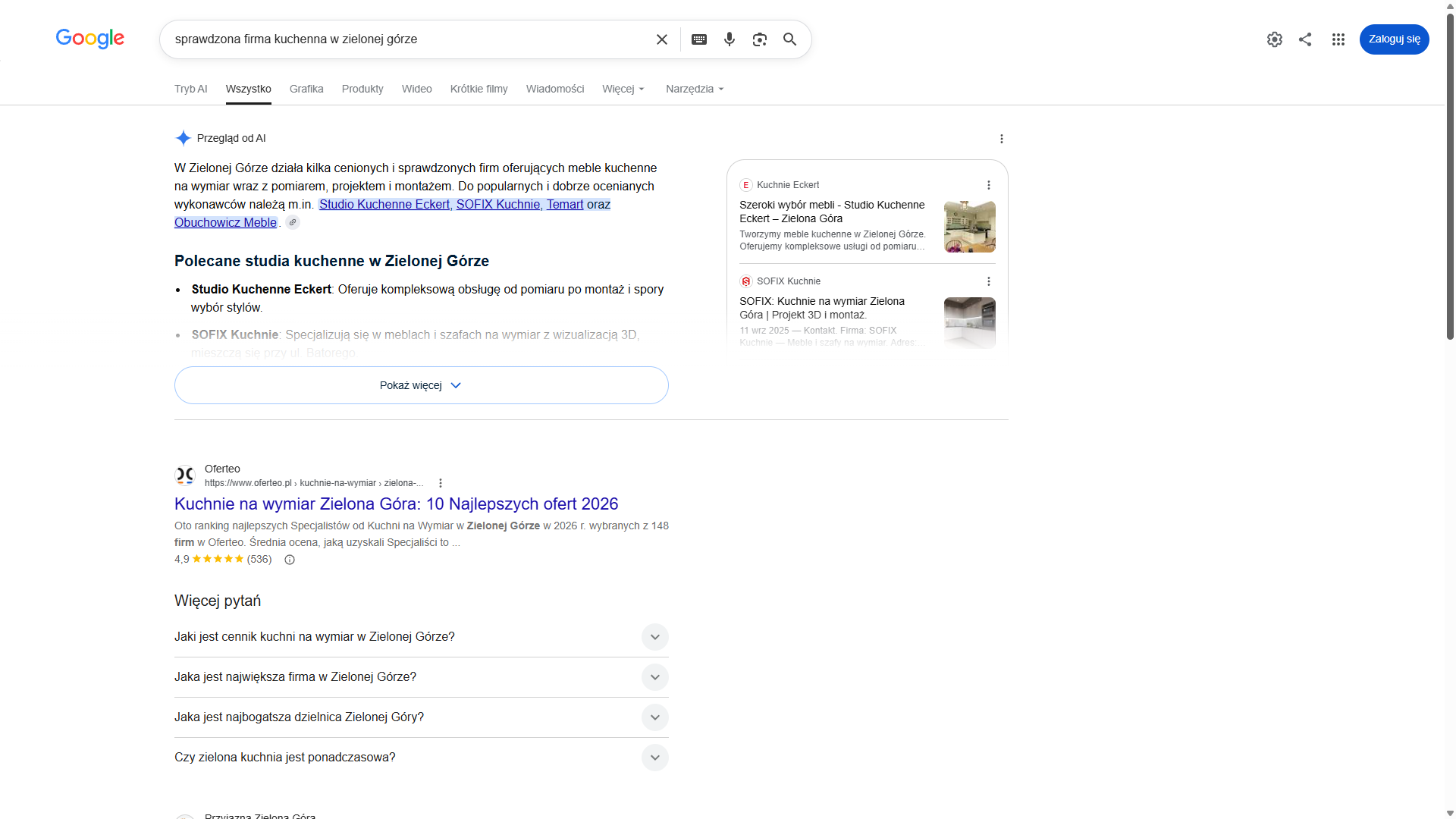 Przegląd od AI w klasycznych wynikach Google na zapytanie „sprawdzona firma kuchenna w zielonej górze” — Sofix Kuchnie wymieniony w odpowiedzi