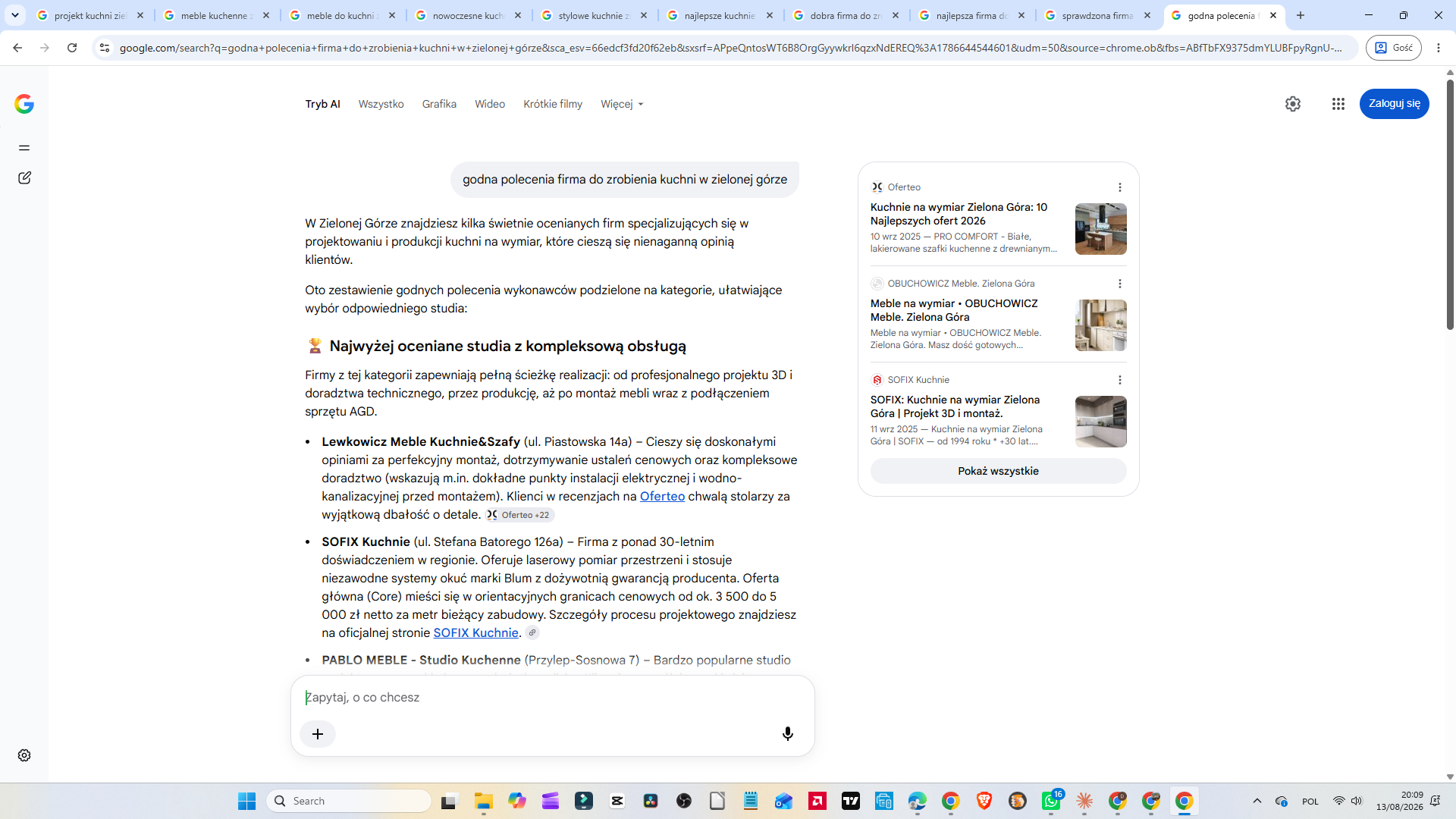 Tryb AI w wyszukiwarce Google na zapytanie „godna polecenia firma do zrobienia kuchni w zielonej górze” — Sofix Kuchnie drugi w kategorii kompleksowej obsługi