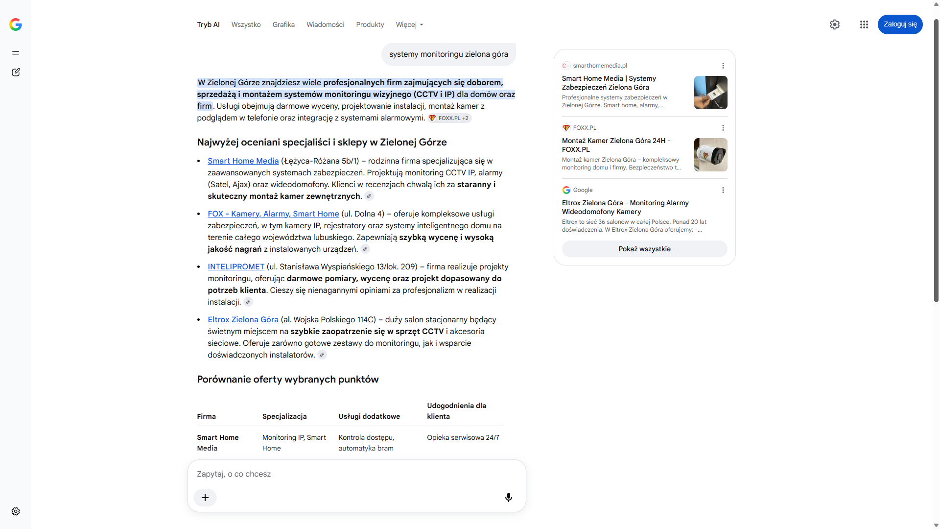 Tryb AI w wyszukiwarce Google na zapytanie „systemy monitoringu zielona góra” — Smart Home Media pierwszy w panelu źródeł i pierwszy na liście specjalistów