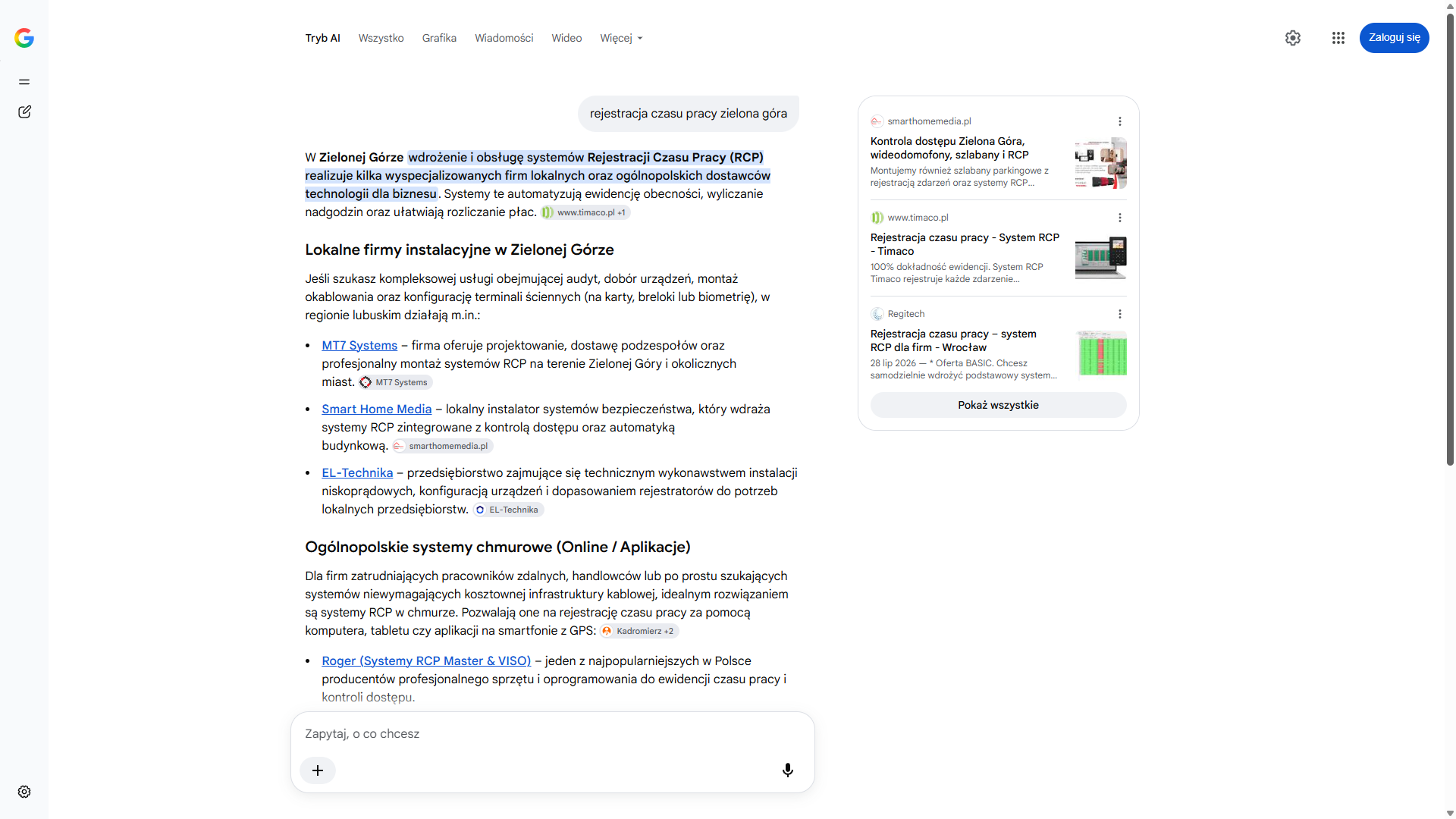 Tryb AI w wyszukiwarce Google na zapytanie „rejestracja czasu pracy zielona góra” — Smart Home Media pierwszy w panelu źródeł, drugi wśród firm instalacyjnych