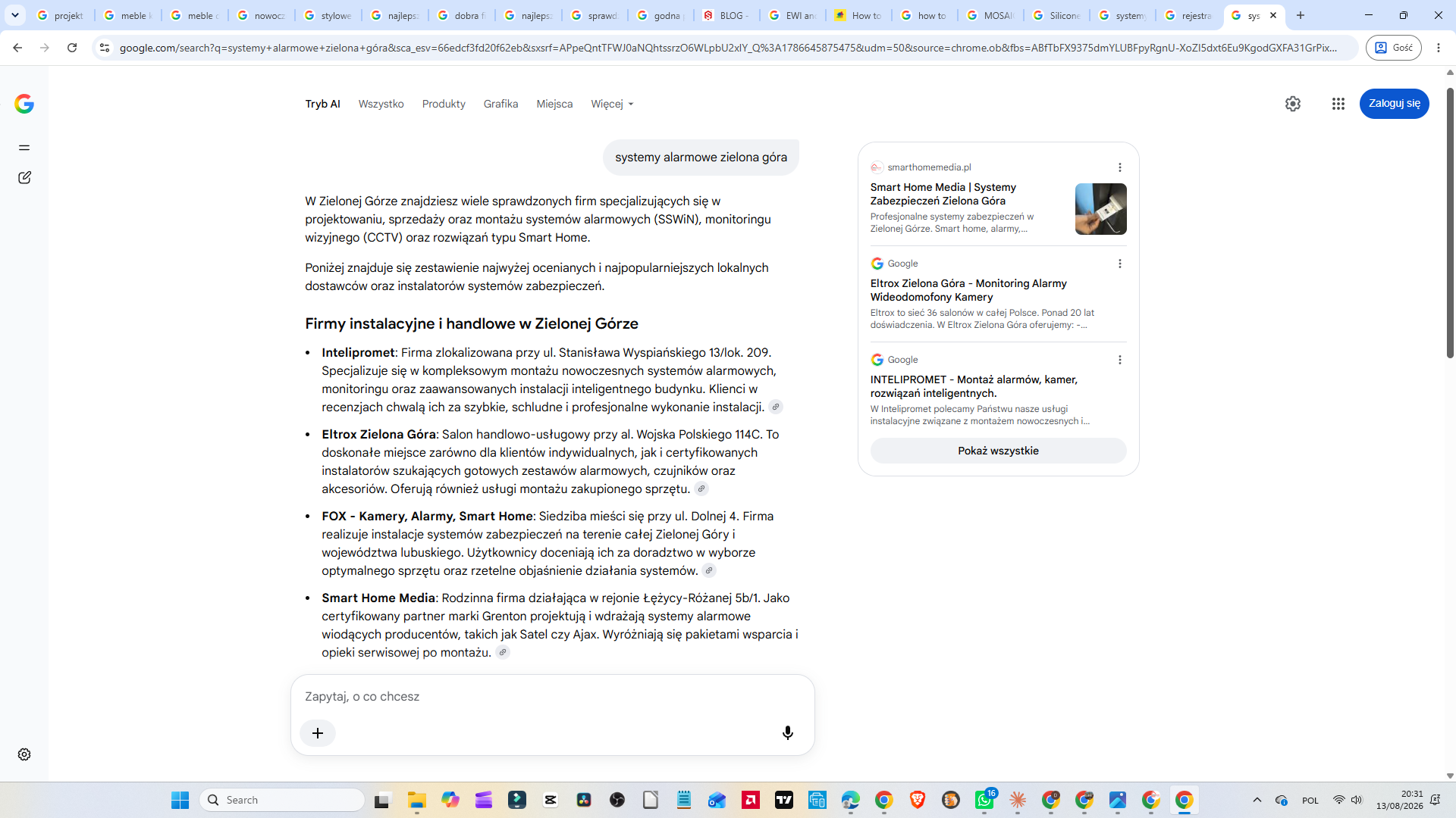 Tryb AI w wyszukiwarce Google na zapytanie „systemy alarmowe zielona góra” — Smart Home Media pierwszy w panelu źródeł, czwarty na liście firm
