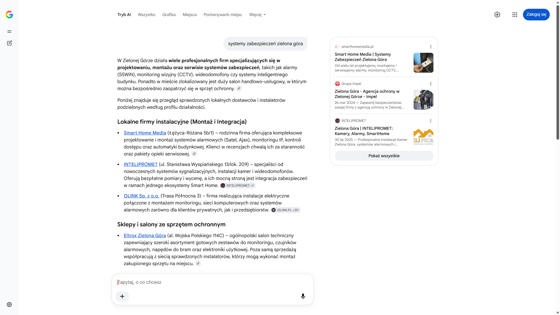 Tryb AI w wyszukiwarce Google na zapytanie „systemy zabezpieczeń zielona góra” — Smart Home Media pierwszy w panelu źródeł i pierwszy wśród firm instalacyjnych