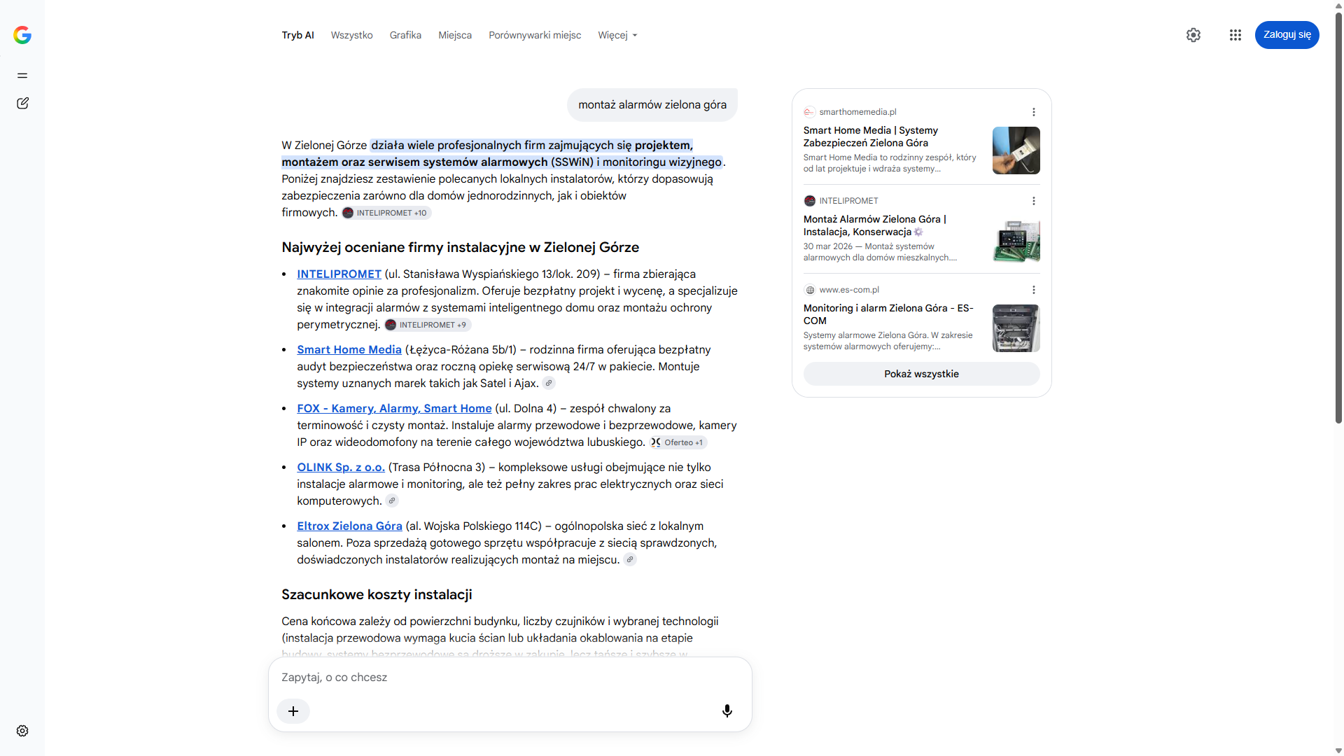 Tryb AI w wyszukiwarce Google na zapytanie „montaż alarmów zielona góra” — Smart Home Media pierwszy w panelu źródeł, drugi wśród firm instalacyjnych