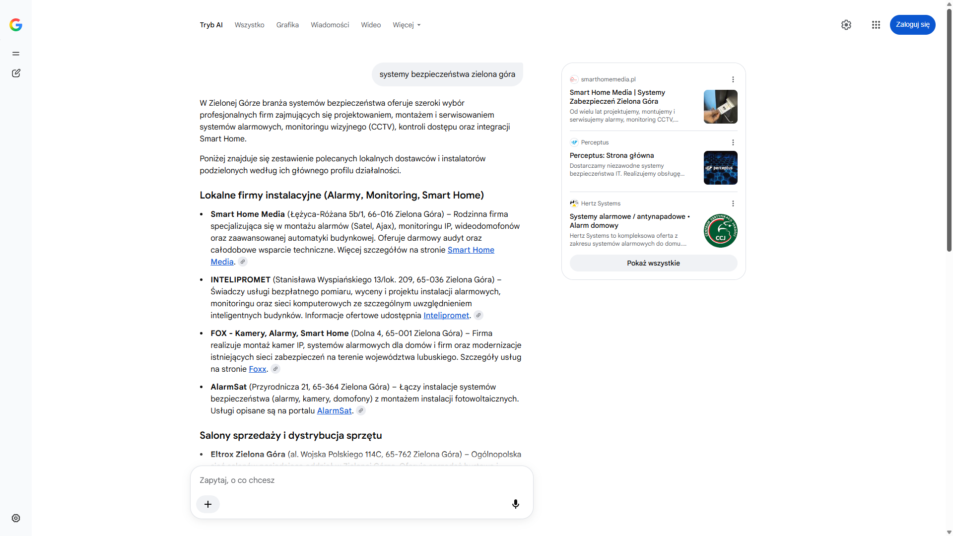 Tryb AI w wyszukiwarce Google na zapytanie „systemy bezpieczeństwa zielona góra” — Smart Home Media pierwszy w panelu źródeł i pierwszy na liście instalatorów