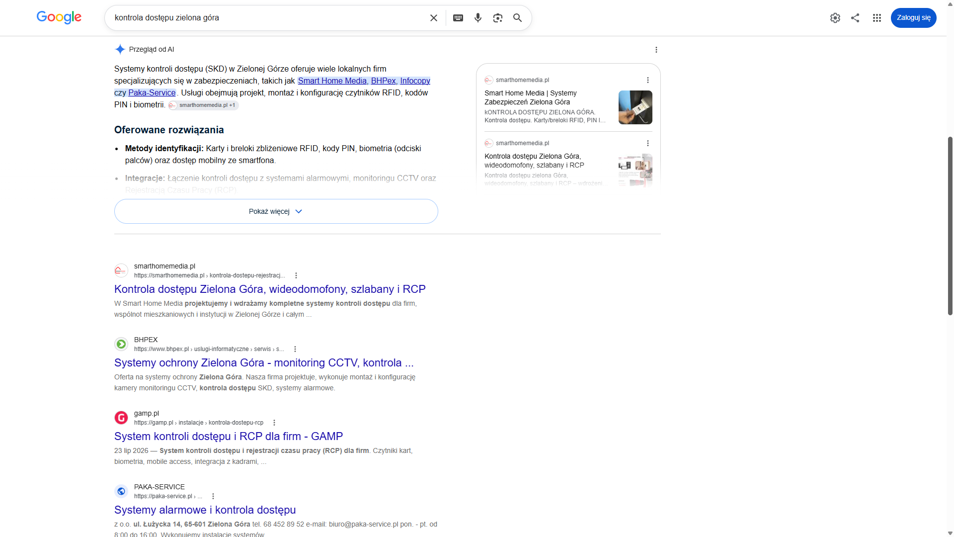 Przegląd od AI w klasycznych wynikach Google na zapytanie „kontrola dostępu zielona góra” — Smart Home Media pierwszy w odpowiedzi, w źródłach i w wynikach organicznych