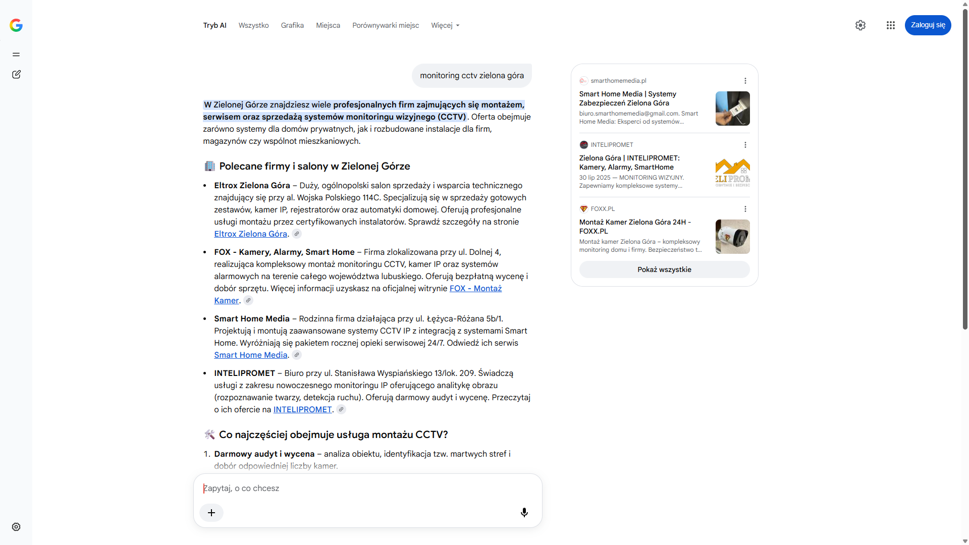 Tryb AI w wyszukiwarce Google na zapytanie „monitoring cctv zielona góra” — Smart Home Media pierwszy w panelu źródeł, trzeci na liście firm
