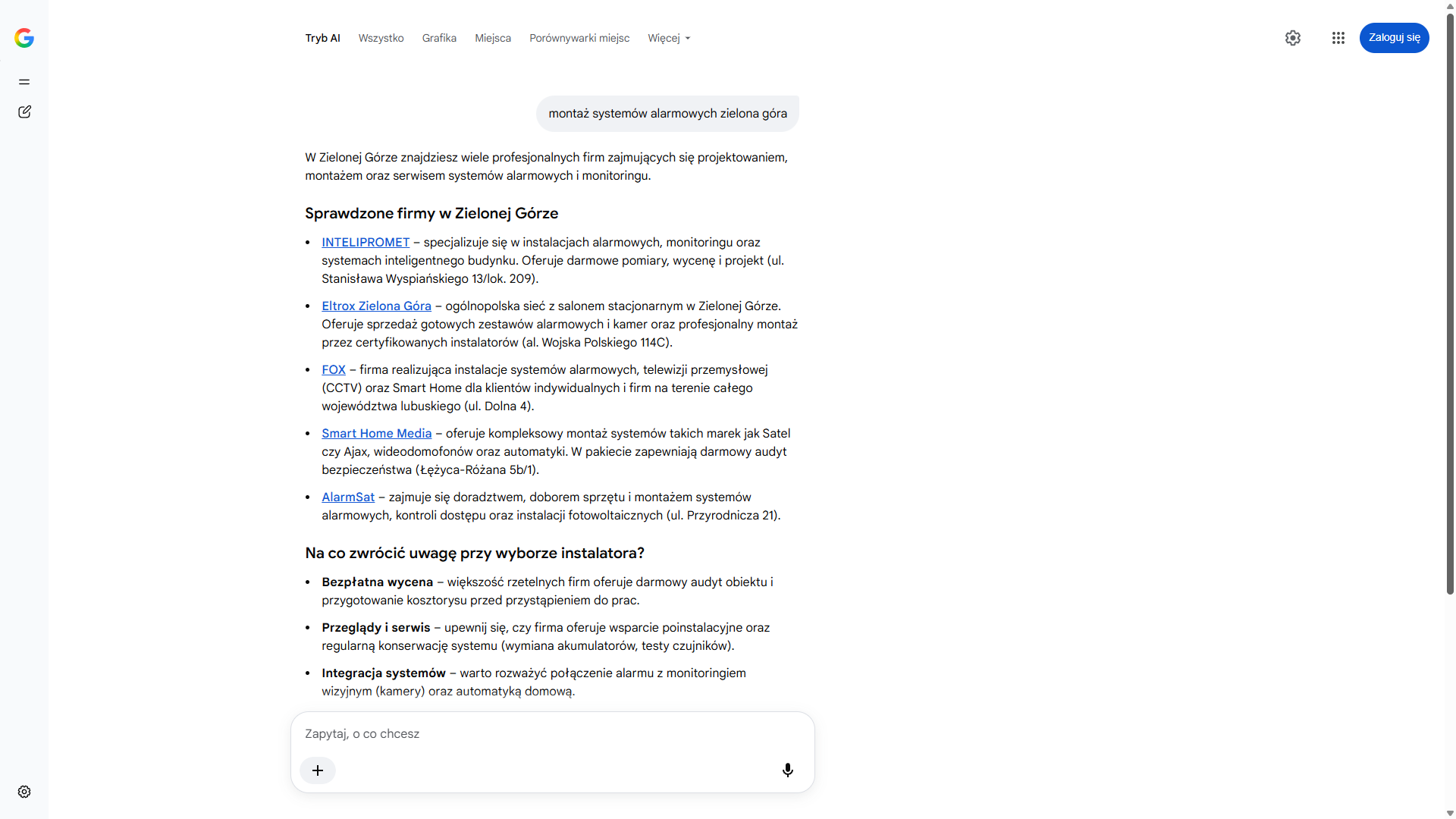 Tryb AI w wyszukiwarce Google na zapytanie „montaż systemów alarmowych zielona góra” — Smart Home Media czwarty wśród sprawdzonych firm