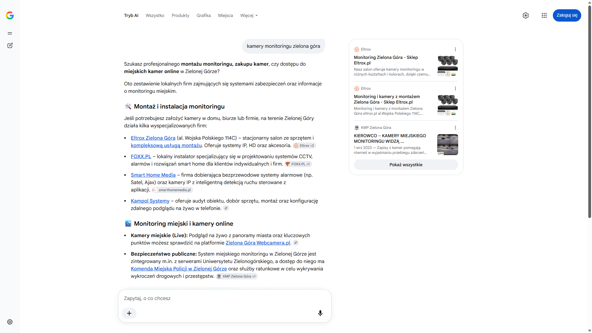 Tryb AI w wyszukiwarce Google na zapytanie „kamery monitoringu zielona góra” — Smart Home Media trzeci wśród firm od montażu monitoringu