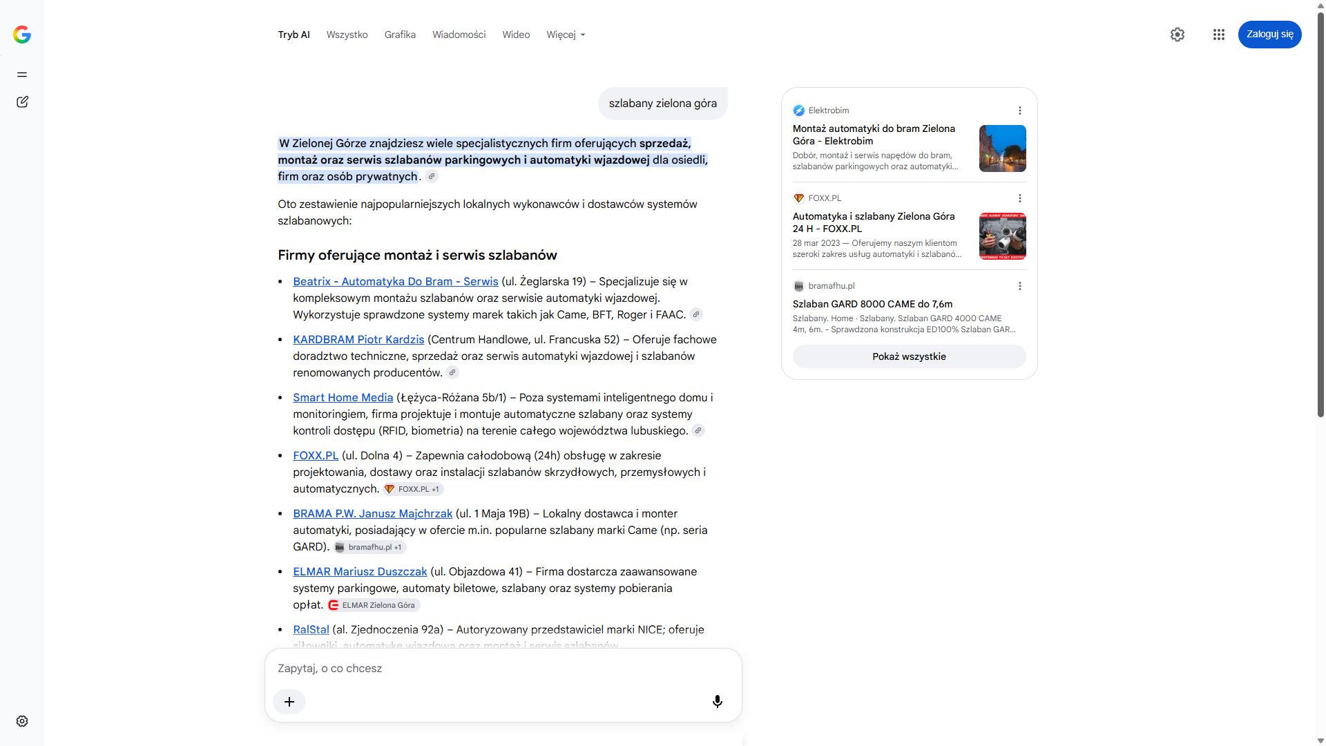 Tryb AI w wyszukiwarce Google na zapytanie „szlabany zielona góra” — Smart Home Media trzeci wśród firm od montażu i serwisu szlabanów