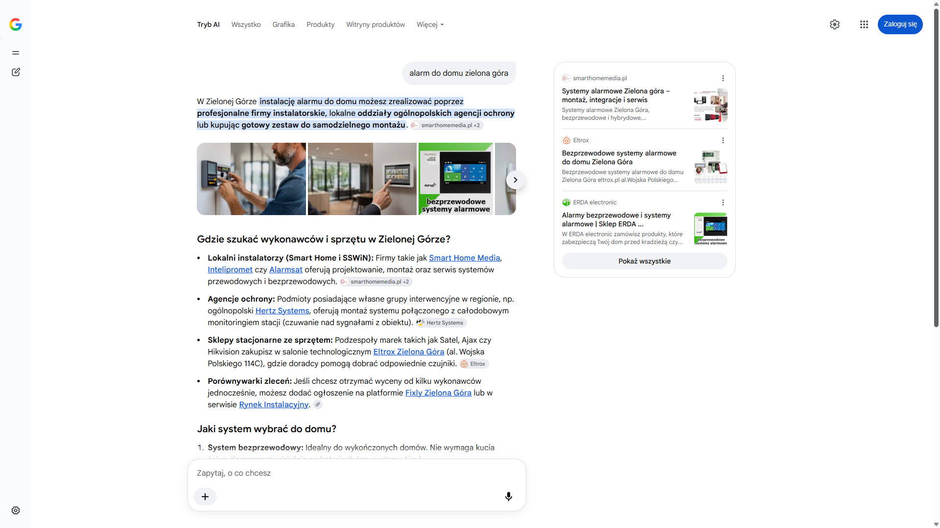 Tryb AI w wyszukiwarce Google na zapytanie „alarm do domu zielona góra” — Smart Home Media pierwszy w panelu źródeł i pierwszy wśród lokalnych instalatorów