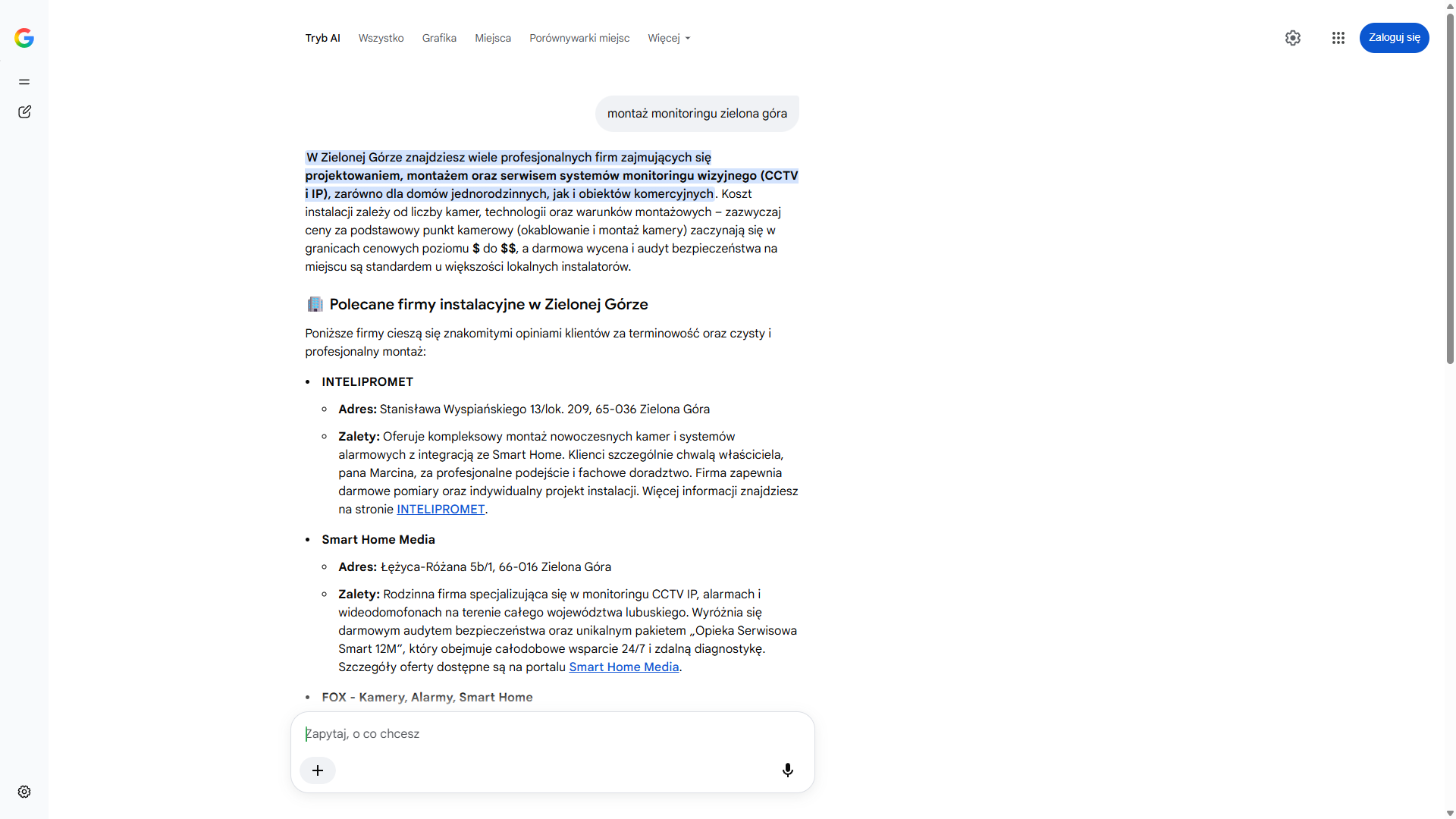Tryb AI w wyszukiwarce Google na zapytanie „montaż monitoringu zielona góra” — Smart Home Media drugi wśród polecanych firm instalacyjnych