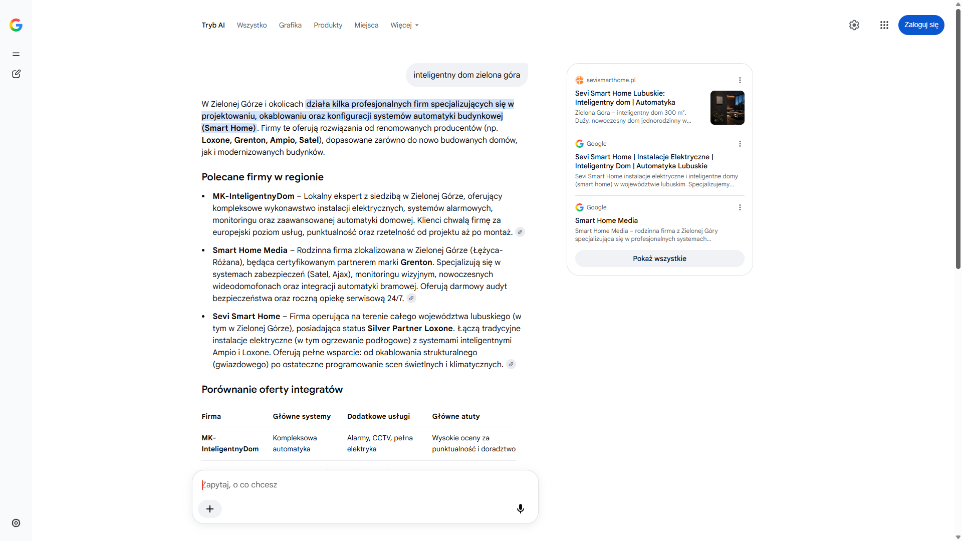 Tryb AI w wyszukiwarce Google na zapytanie „inteligentny dom zielona góra” — Smart Home Media drugi wśród polecanych firm w regionie