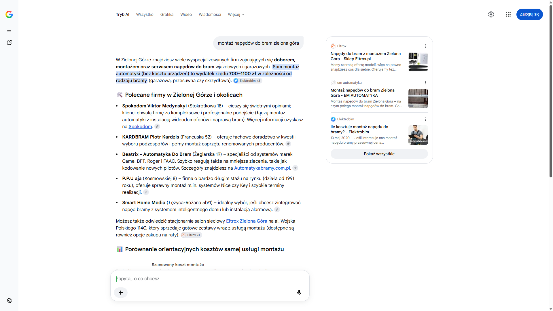 Tryb AI w wyszukiwarce Google na zapytanie „montaż napędów do bram zielona góra” — Smart Home Media piąty wśród polecanych firm