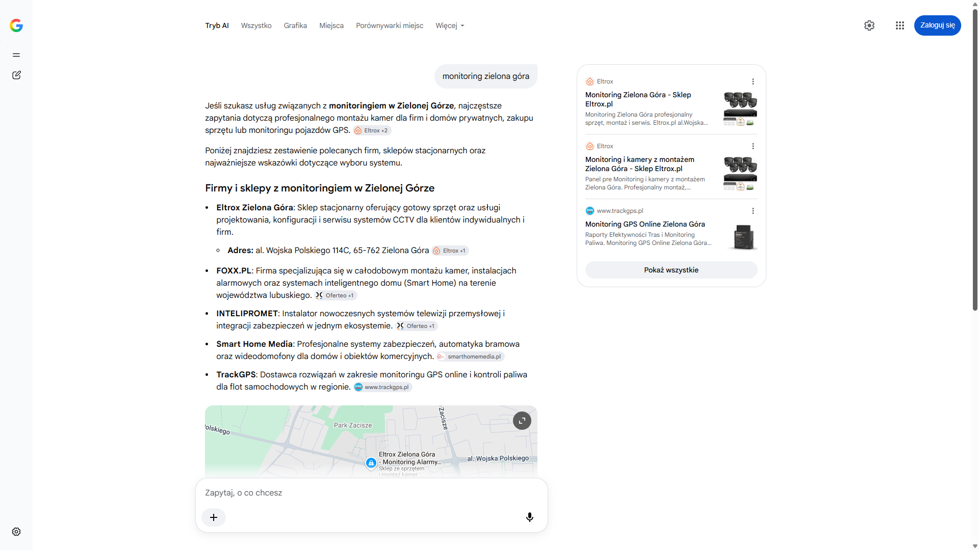 Tryb AI w wyszukiwarce Google na zapytanie „monitoring zielona góra” — Smart Home Media czwarty wśród firm i sklepów z monitoringiem