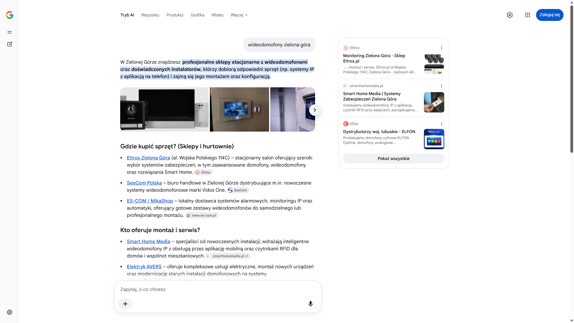 Tryb AI w wyszukiwarce Google na zapytanie „wideodomofony zielona góra” — Smart Home Media pierwszy wśród wykonawców montażu i serwisu