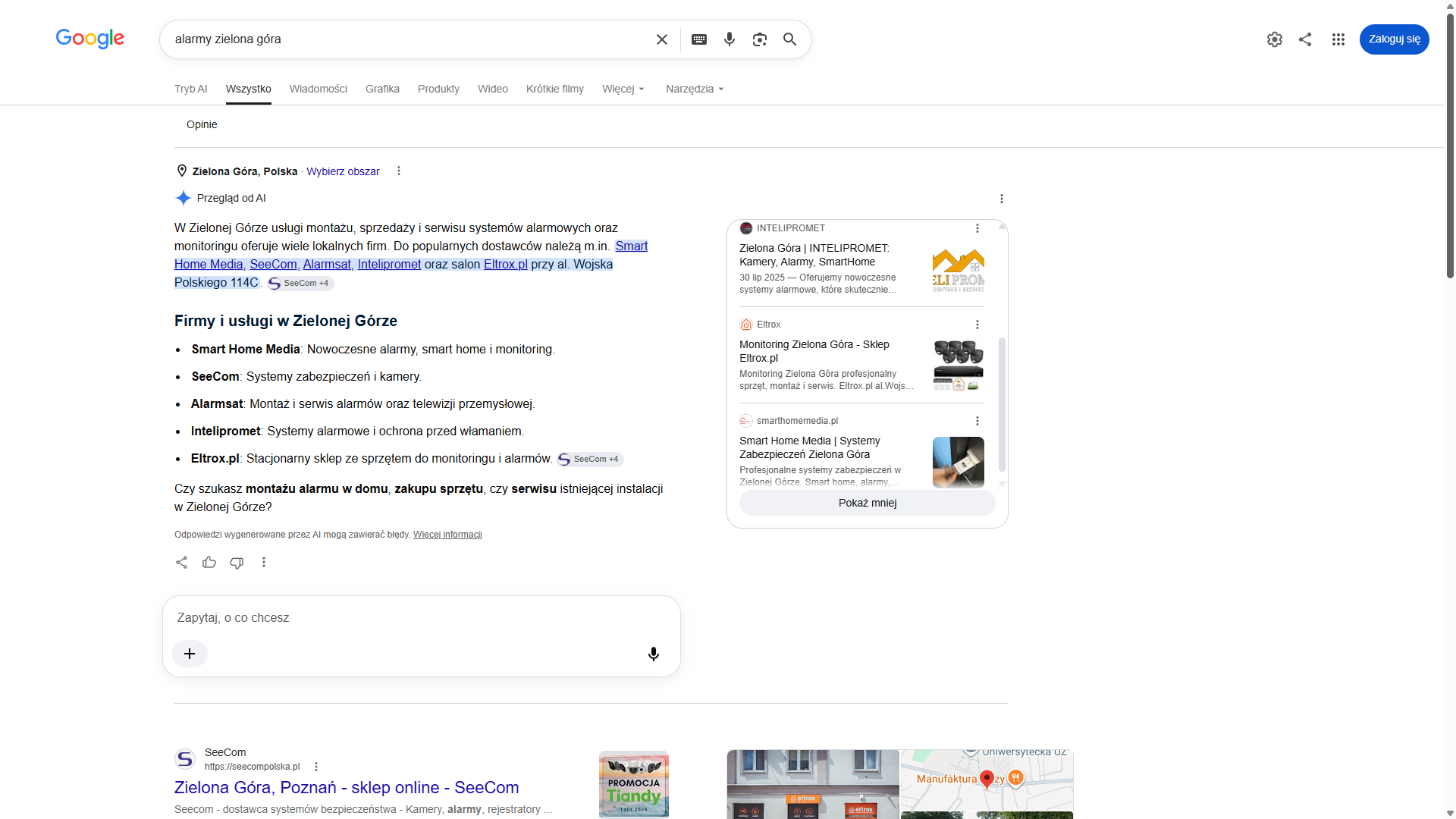 Przegląd od AI w klasycznych wynikach Google na zapytanie „alarmy zielona góra” — Smart Home Media pierwszy w odpowiedzi i pierwszy na liście firm