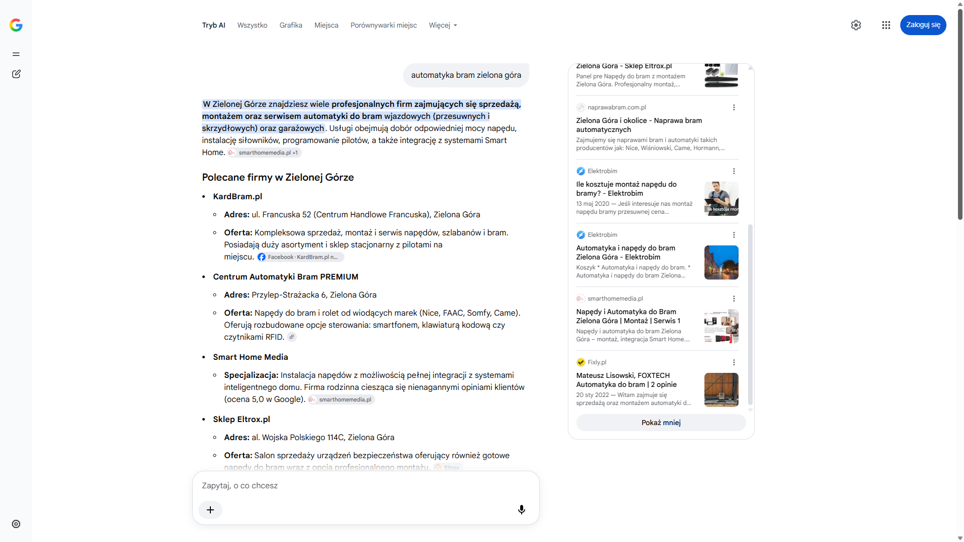 Tryb AI w wyszukiwarce Google na zapytanie „automatyka bram zielona góra” — strona Smart Home Media cytowana w akapicie otwierającym odpowiedź