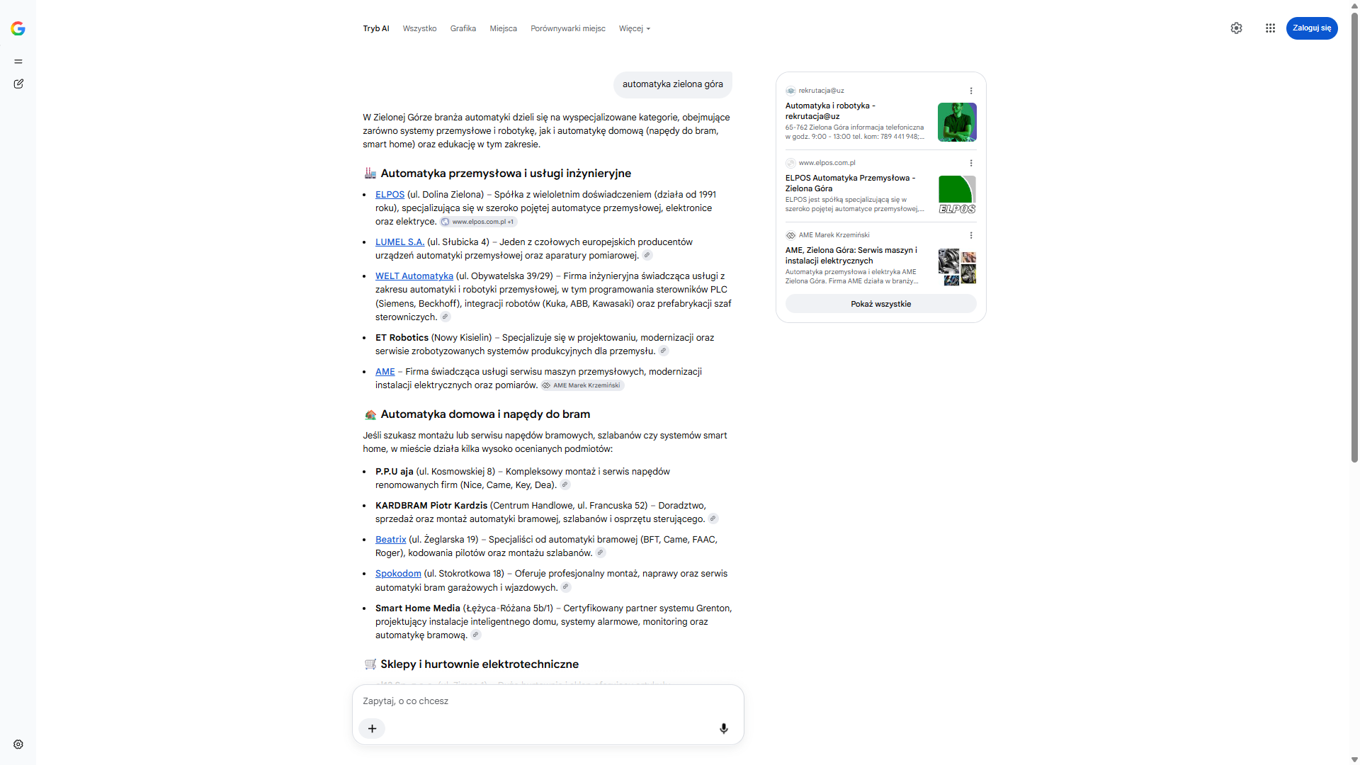 Tryb AI w wyszukiwarce Google na zapytanie „automatyka zielona góra” — Smart Home Media wśród firm od automatyki domowej i napędów do bram