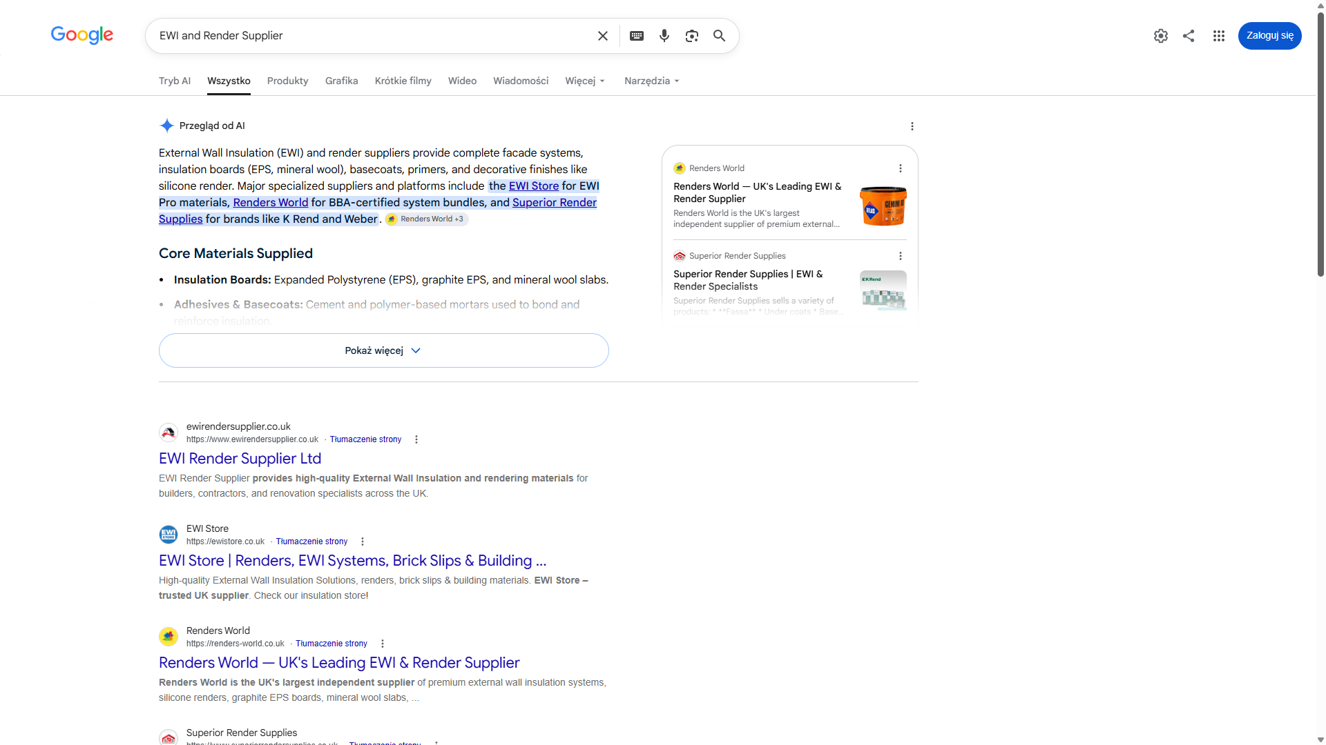 Przegląd od AI w brytyjskich wynikach Google na zapytanie „EWI and Render Supplier” — Renders World pierwszy w panelu źródeł