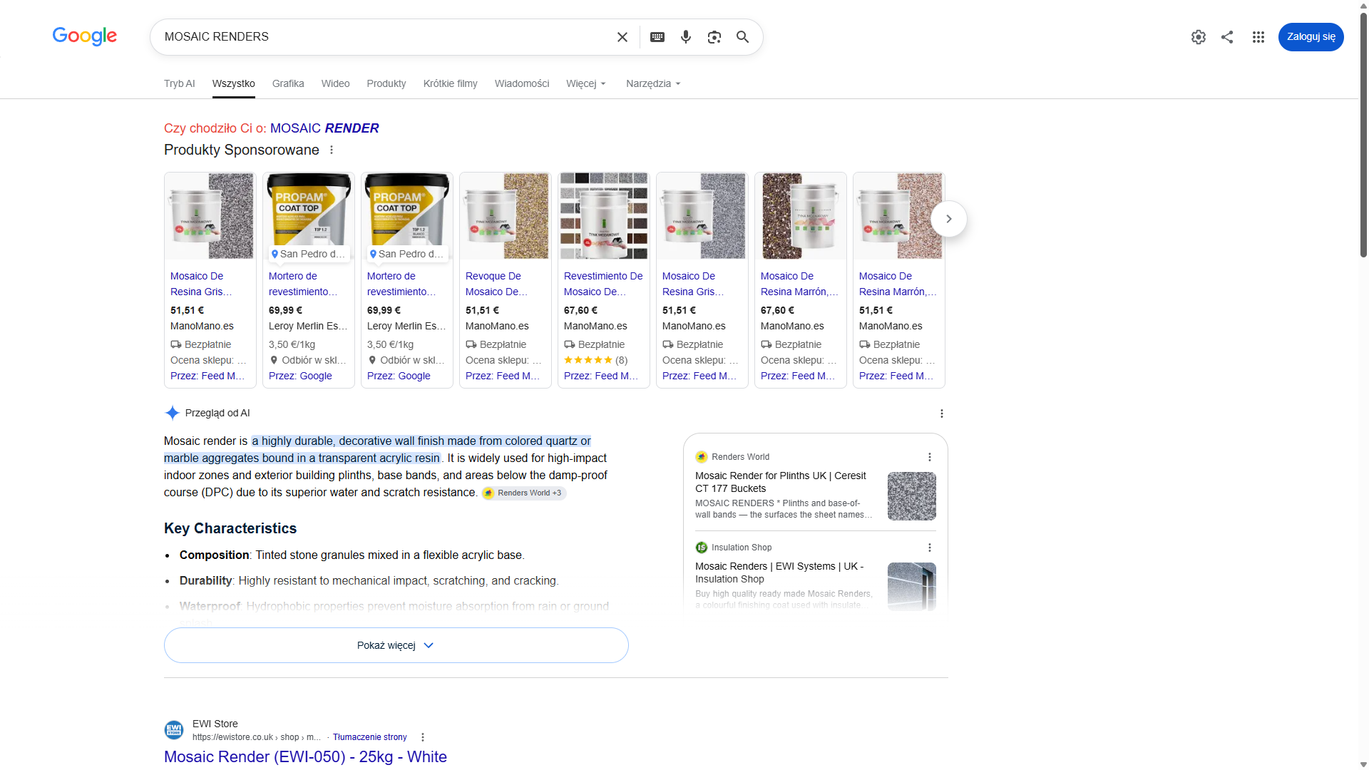 Przegląd od AI w brytyjskich wynikach Google na zapytanie „MOSAIC RENDERS” — Renders World pierwszy w panelu źródeł