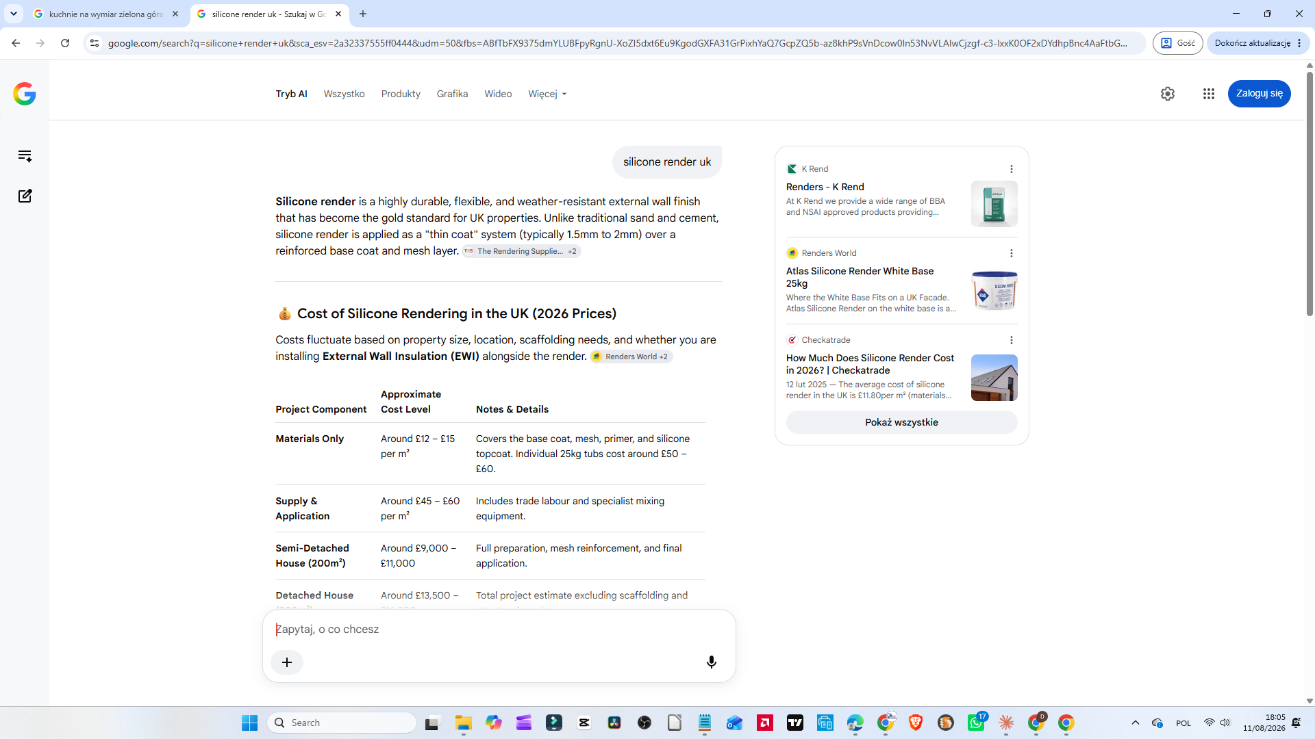 Tryb AI w brytyjskiej wyszukiwarce Google na zapytanie „silicone render uk” — Renders World drugi w panelu źródeł