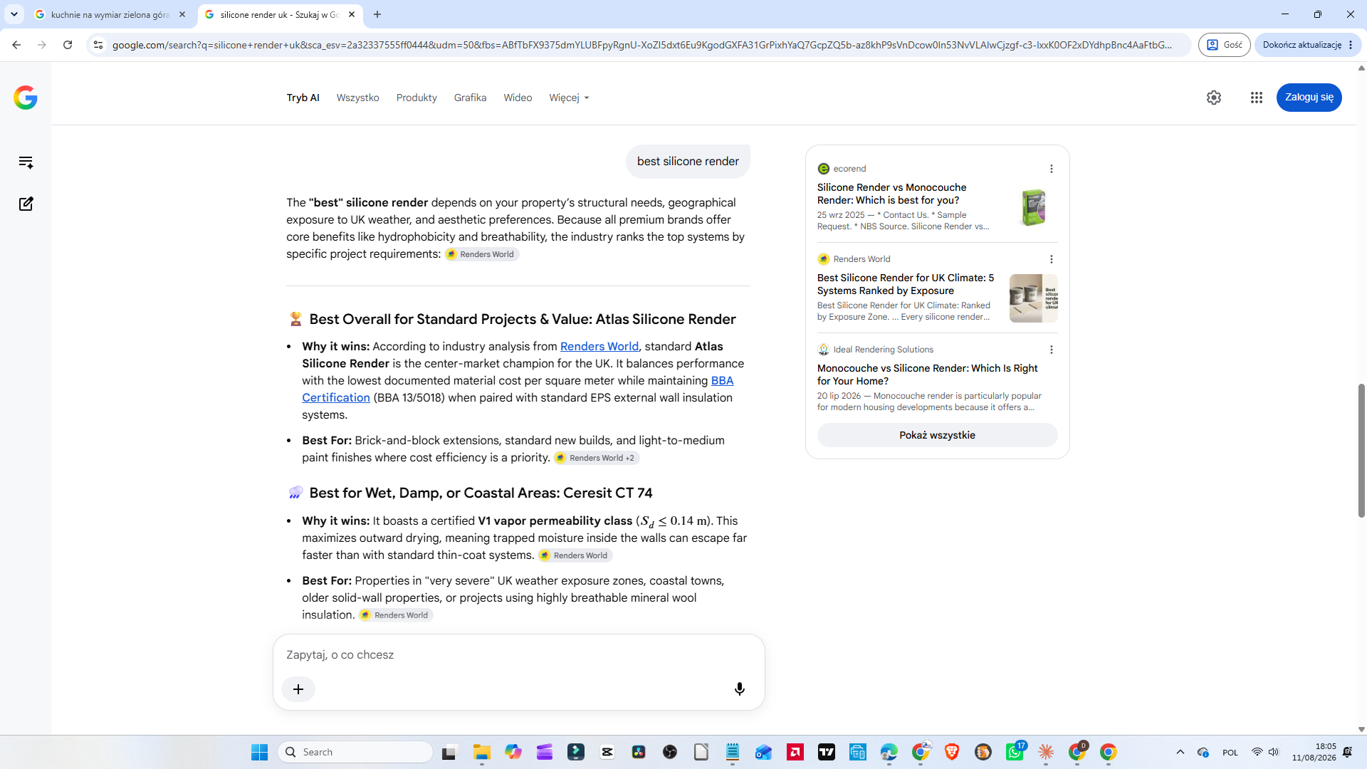 Tryb AI w brytyjskiej wyszukiwarce Google na zapytanie „best silicone render” — ranking systemów oparty na analizie Renders World