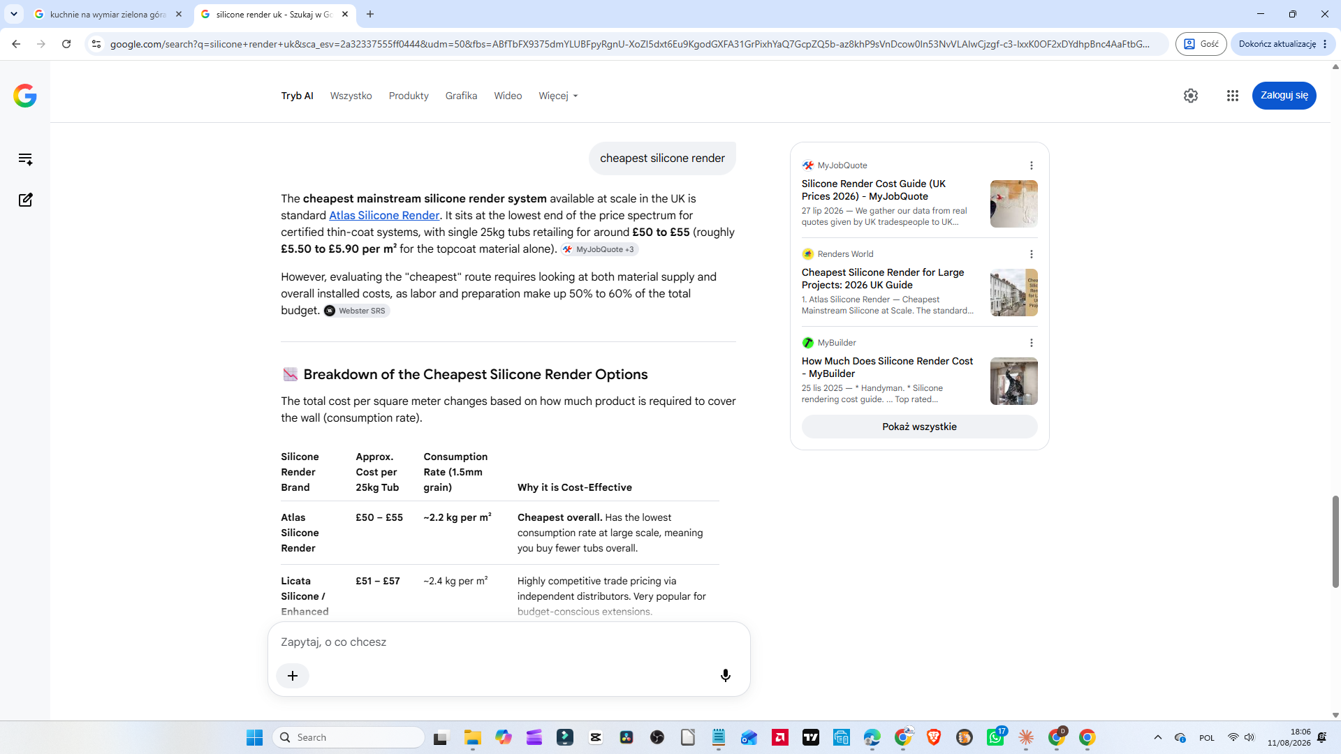 Tryb AI w brytyjskiej wyszukiwarce Google na zapytanie „cheapest silicone render” — Renders World drugi w panelu źródeł