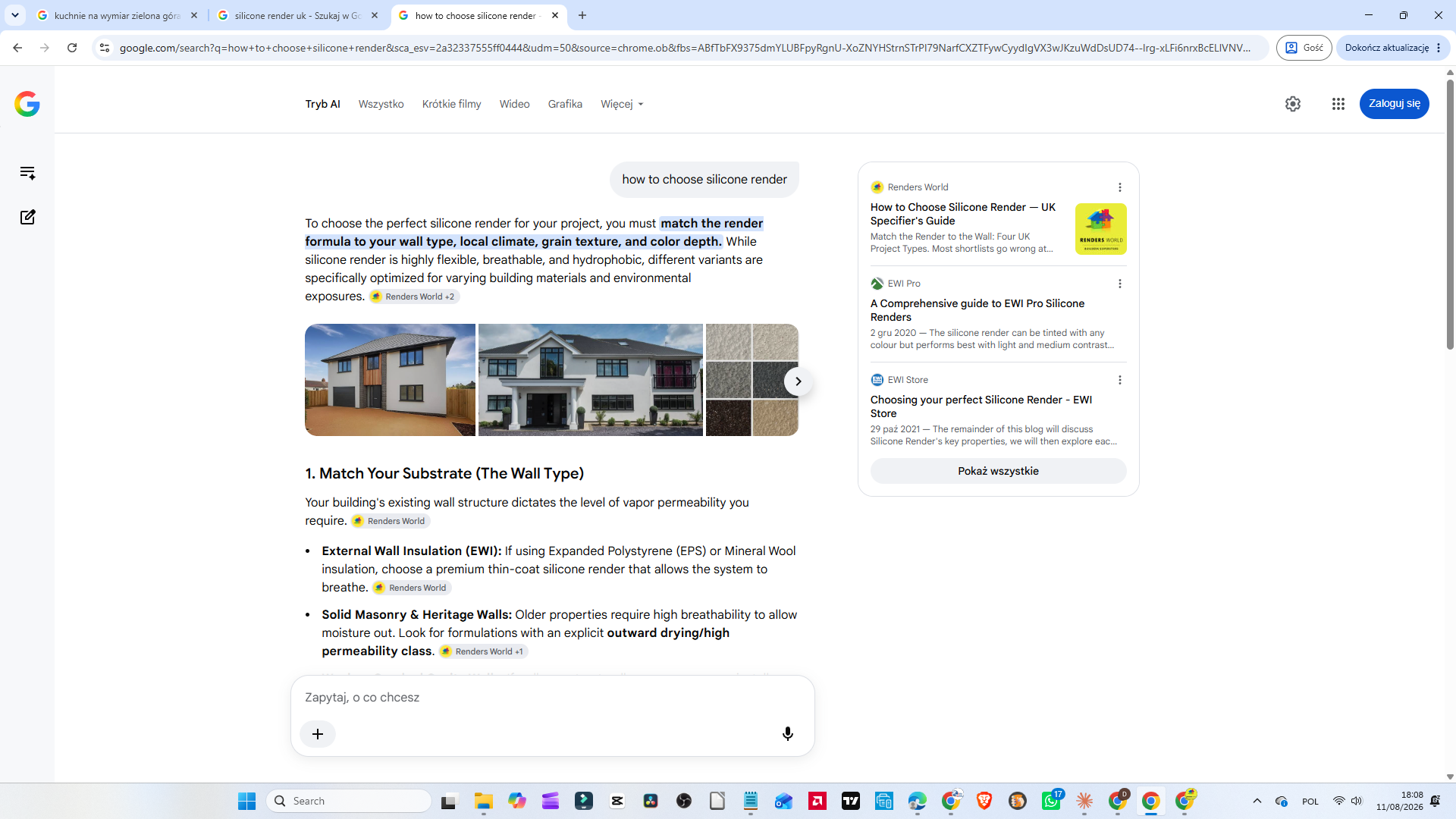Tryb AI w brytyjskiej wyszukiwarce Google na zapytanie „how to choose silicone render” — Renders World pierwszy w panelu źródeł