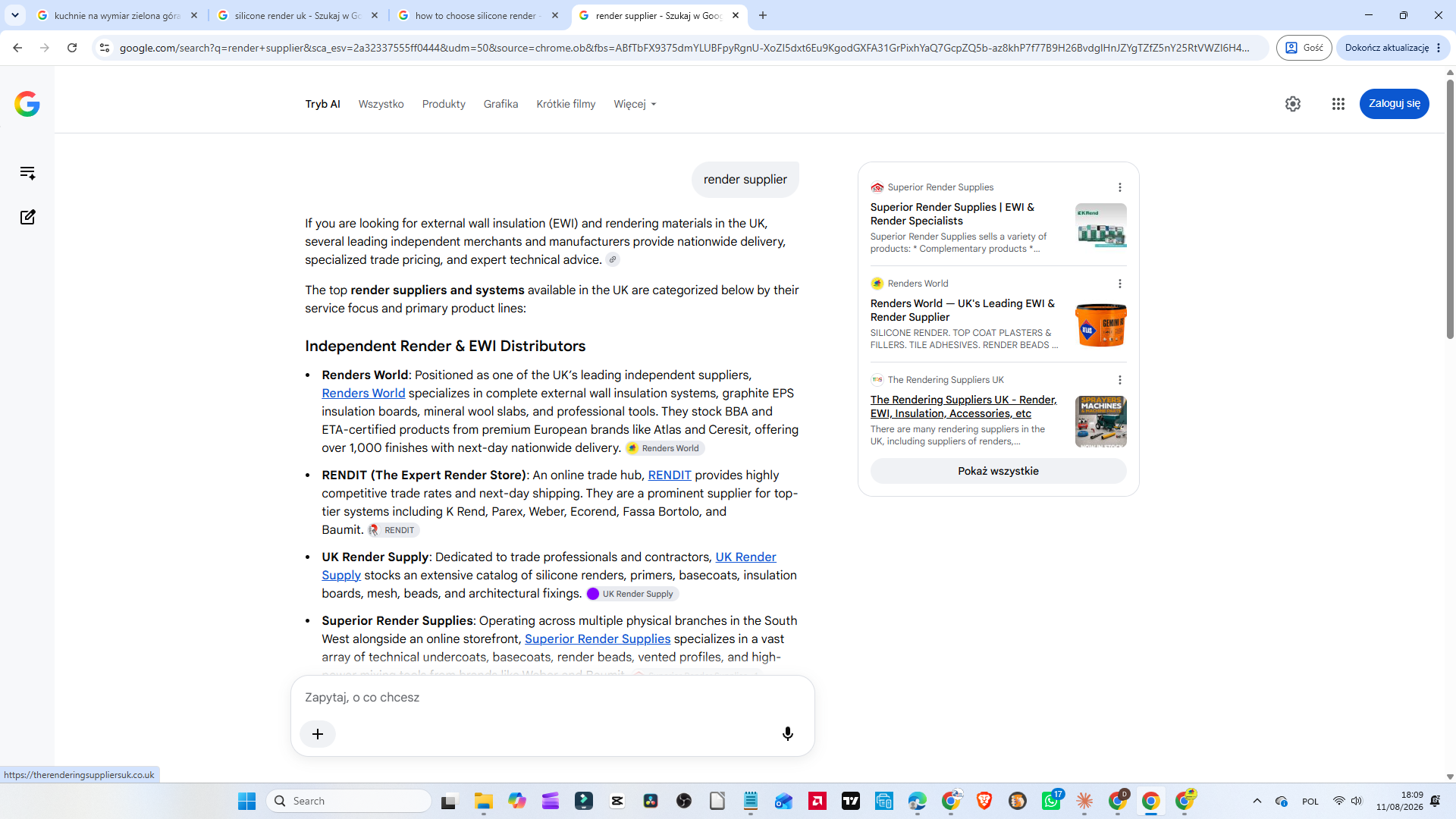 Tryb AI w brytyjskiej wyszukiwarce Google na zapytanie „render supplier” — Renders World pierwszy na liście niezależnych dostawców